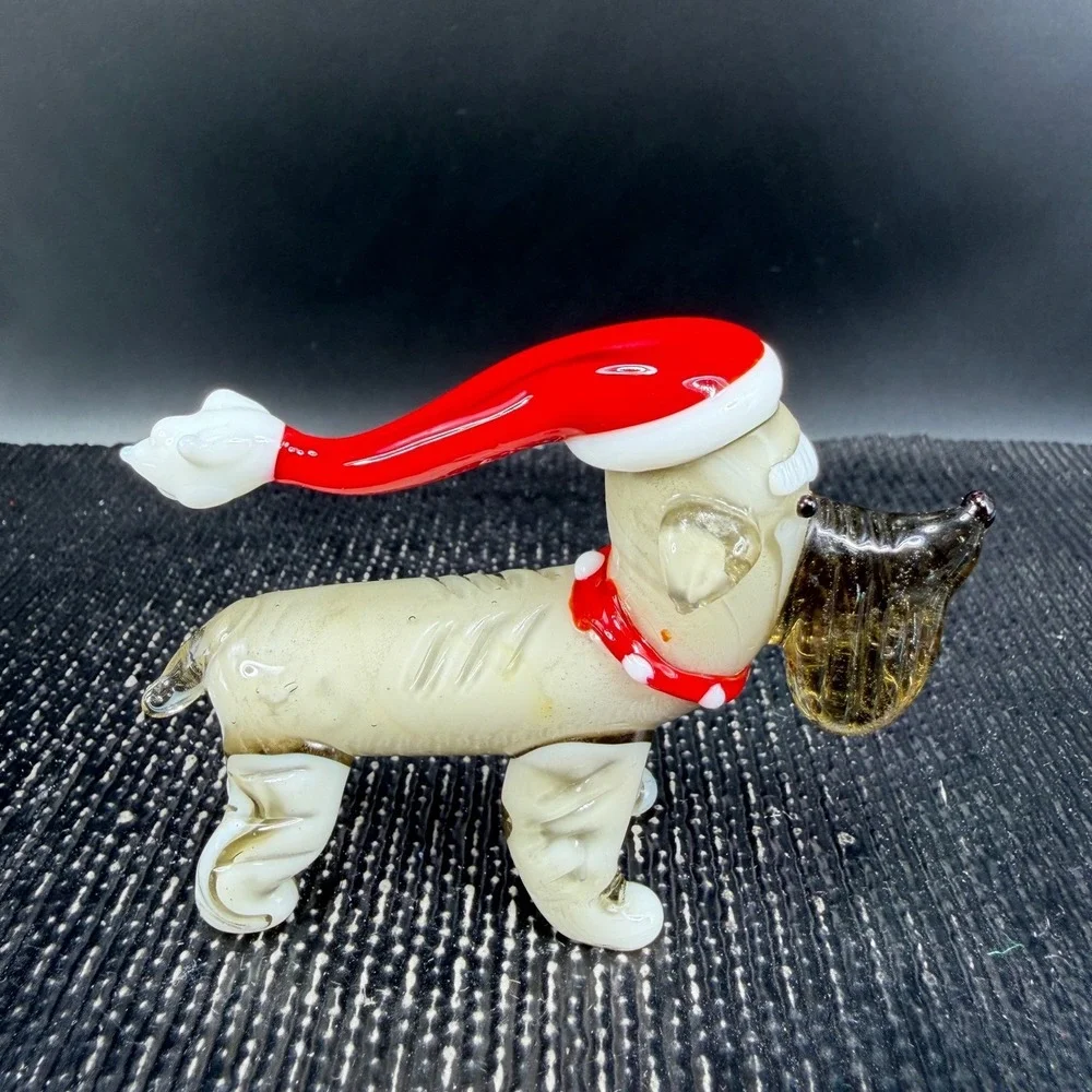 Pier 1 Blown Glass Schnauzer Dog Figurine Santa Hat Christmas‎ Holiday 3 Inch